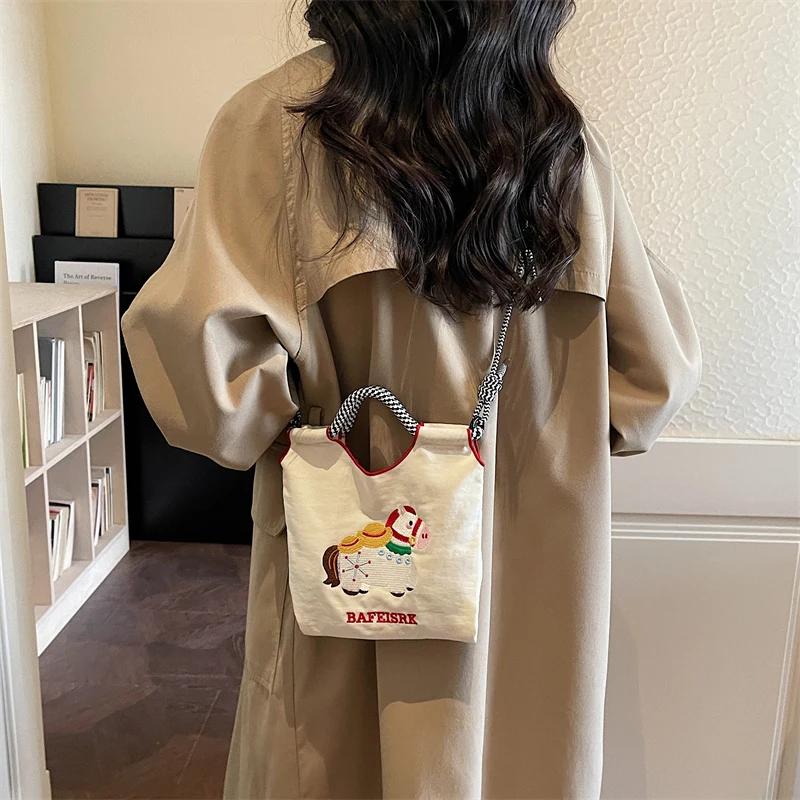 

Korean Cute Pony Patch Embroidery Canvas Bag Portable Handheld Adjustable Crossbody Shoulder Bag For Girls