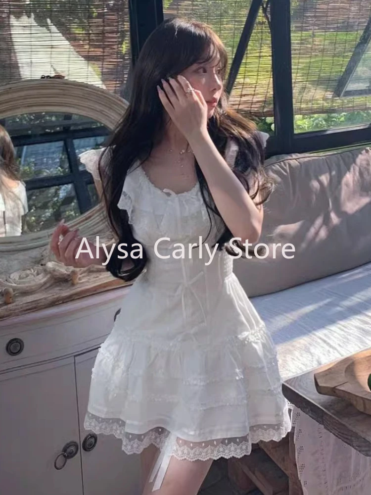 Sweet Fairy Lace White Mini Dress Women Japan Kawaii Bow Flying Sleeve One Piece Dress Summer Elegant Party Princess Dress 2024