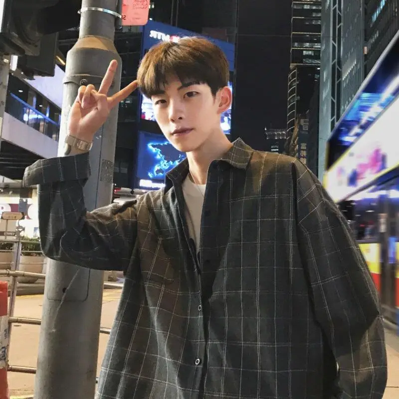 Loose Long Sleeve Plaid Shirt Men's Hong Kong Style Casual Outerwear Polyester Fiber Standard Fit Iron Free Youth Popular