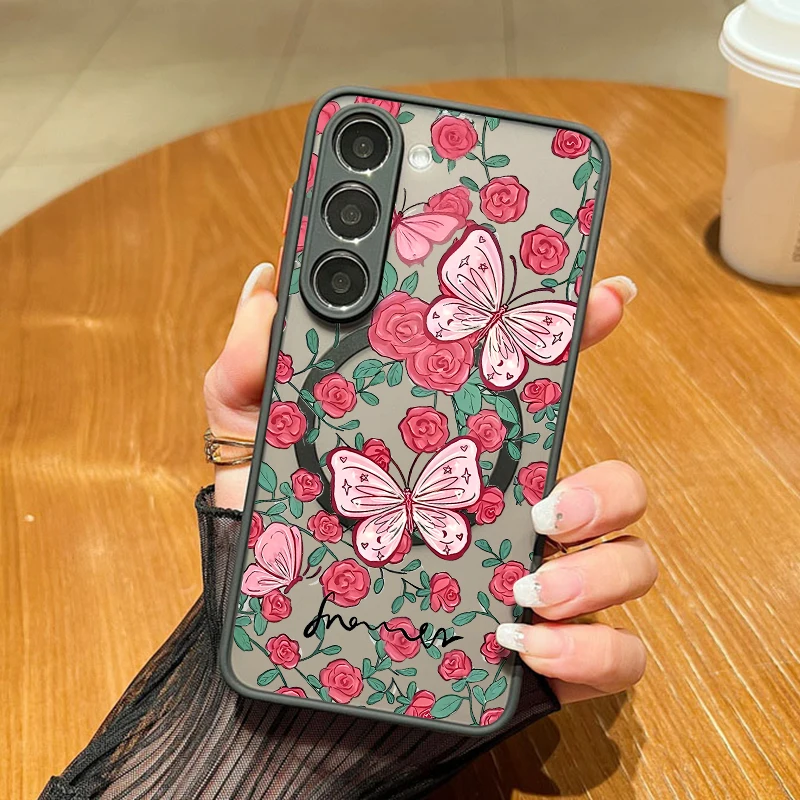 Blumen Bowknot Muster Telefon Fall Für Samsung Galaxy S25 S24 FE S25 Rand S23 S22 S21 Ultra Plus Magnetische Für Magsafe Hard Cover