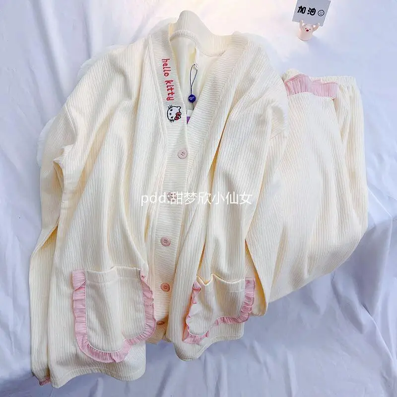 Sanrio Hello Kitty Japanse Kat Nachtkleding Dames Lente Herfst Nieuwe Lange Mouw Broek Internet Rode Ruche Woninginrichting Set