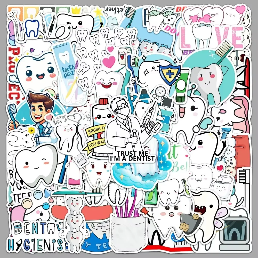 50 Uds. De pegatinas de dientes bonitas para dentista de dibujos animados para proteger los dientes, Graffiti impermeable para niños, papelería para ordenador portátil, equipaje y teléfono