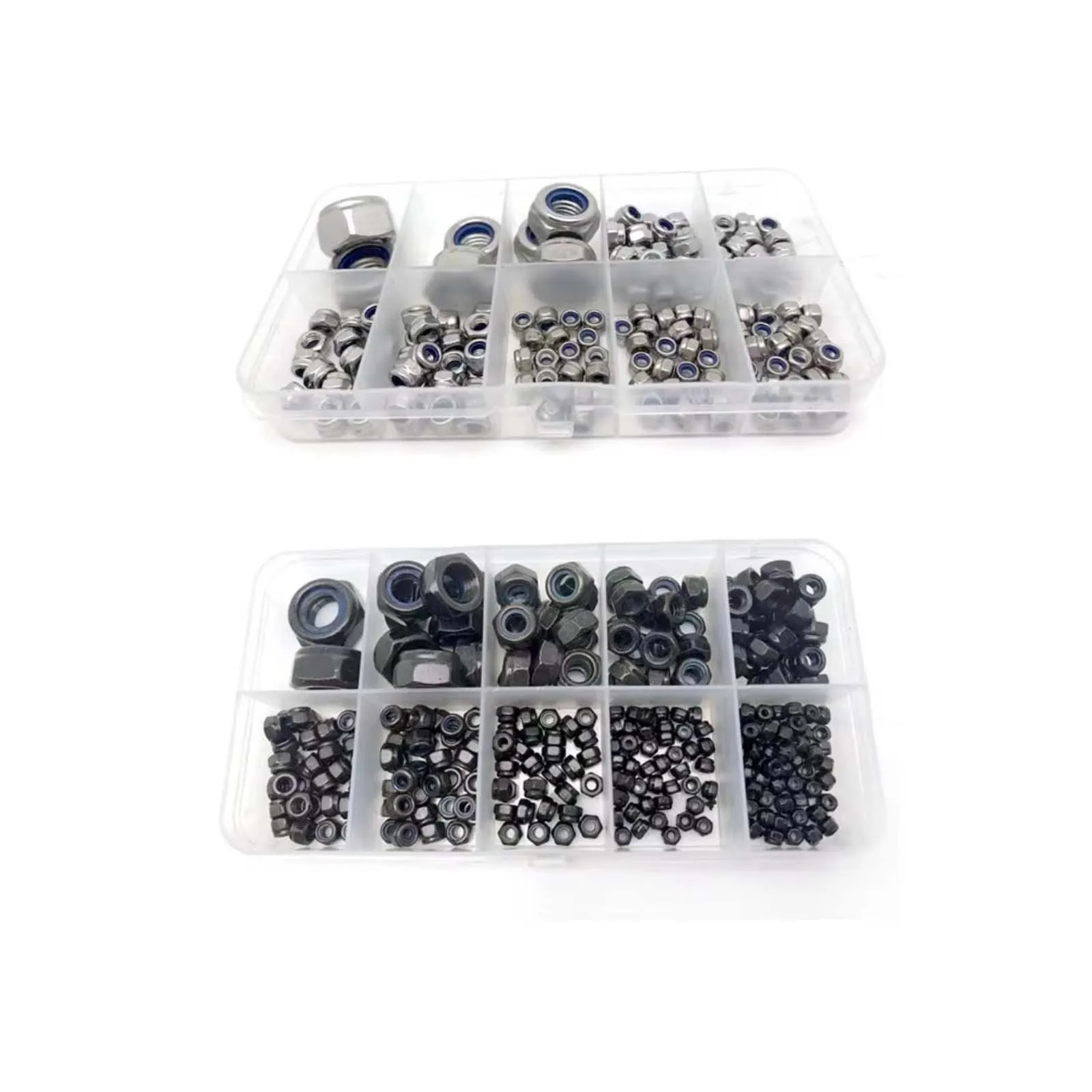 125pcs/set M2 to M12 DIN985 304 Stainless Black Carbon Steel Hexagon Hex Nylon Insert Lock Self Locking Nut Assortment Kit Set