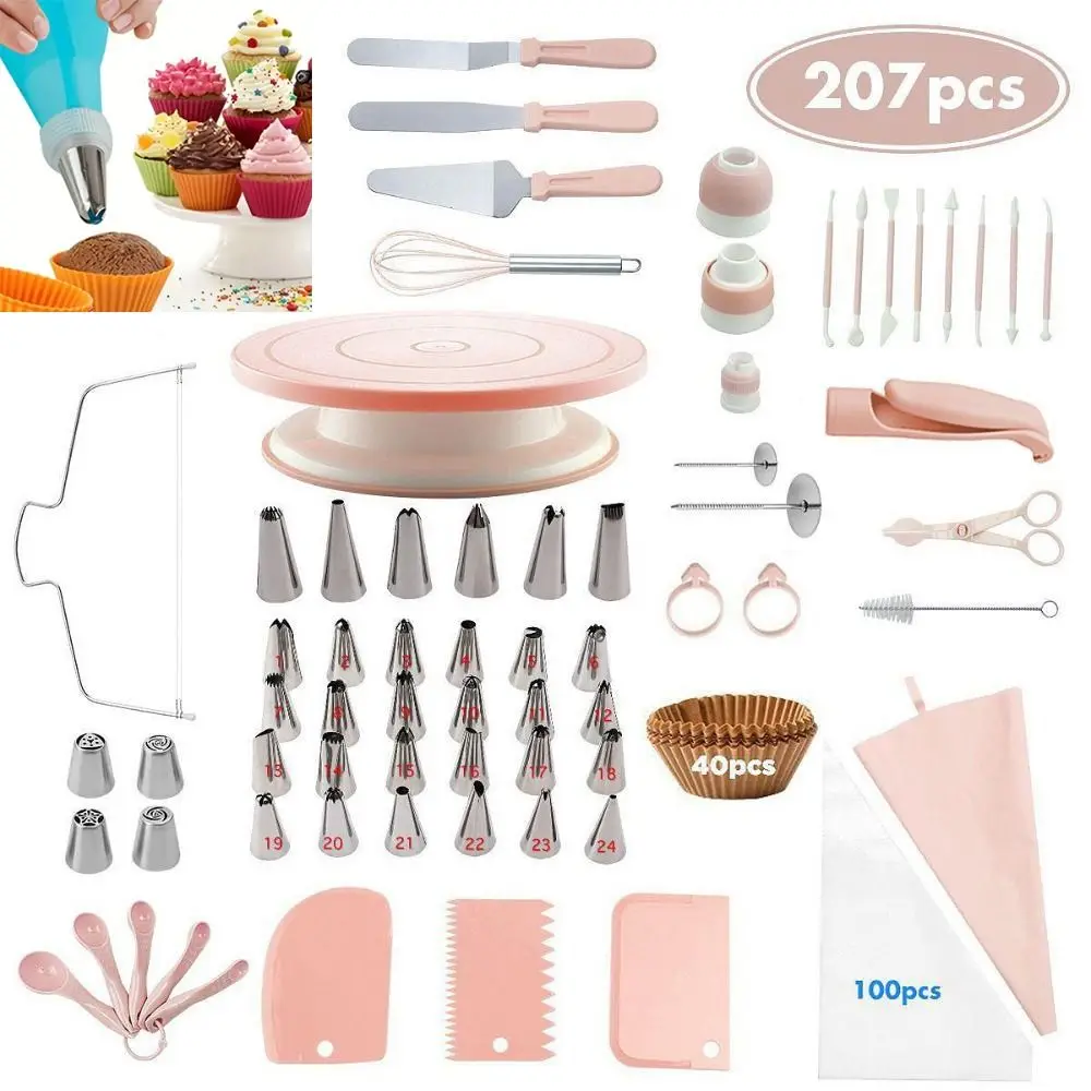 

207Pcs Professional Cake Decorating Tools Kit Creative Easy To Clean Pastry Turntable Kit Rust-proof Multi-functional