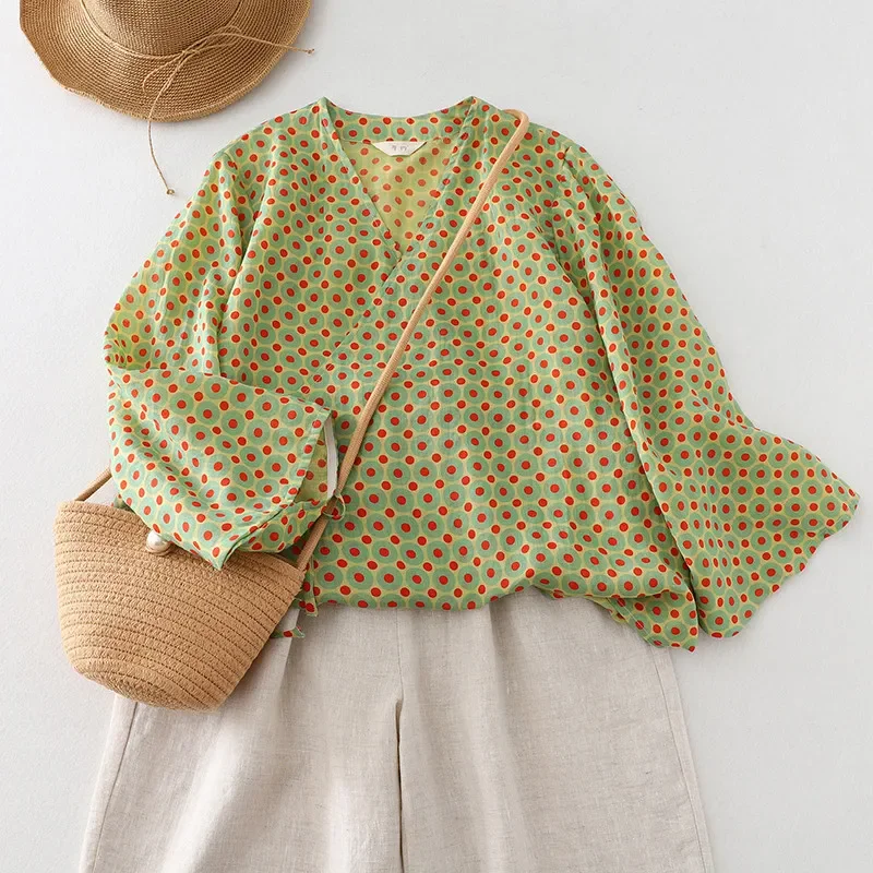 리미구에 민족풍 면 린넨 여름 셔츠 빈티지 플로럴 프린트 라미 블라우스 루즈 레이스업 가디건 통기성 여성 상의