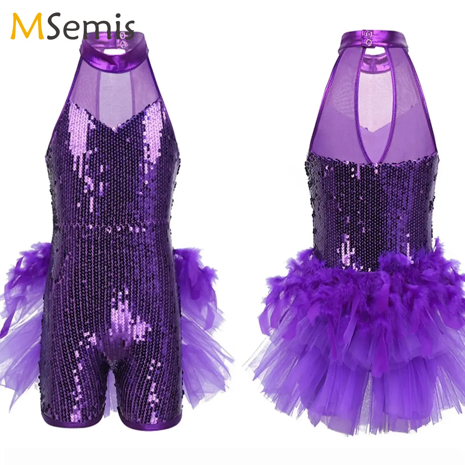 Kids Girls Shiny Sequins Feather Jazz Ballet Dance Shorty Unitard Dress Modern Jazz Latin Dancing Costumes Sequins Rave Outfit