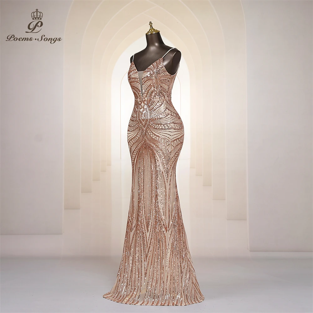 Sexy V-neck gold Mermaid Evening Dresses For Women Prom Dresses Maxi dress Party dress Beautiful Evening gowns robe de soiree