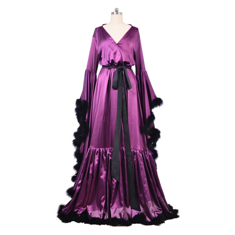 Women's Sexy V-neck Fur Trim Long Robe Wedding Bridal Evening Party Ball Gown Casual Homewear Medieval Holiday Dress