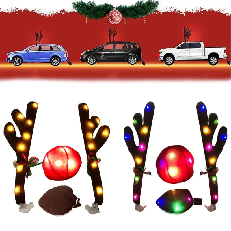 

Christmas Car Antler Set LED Light Up Reindeer Antlers Dawg Nose Tail Personalised Dress Up Car Decoration Accessories