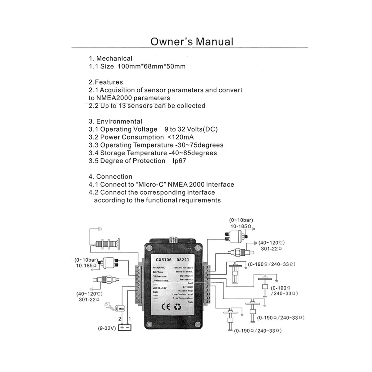 Single NMEA 2000 Converter N2K Converter CX5106 0-190Ohm 0.5M Wiring for Marine Boat CX5106