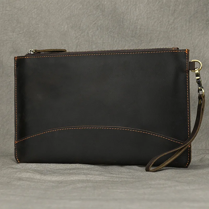 Men's genuine leather clutch bag, crazy Horse leather clutch bag, flat storage, large capacity business wallet