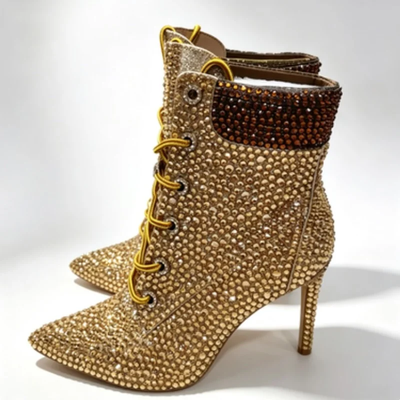 Goldene Strass-Schnürstiefeletten für Damen Luxuriöse Kristallverzierte Spitze Stiletto-Absatz Party-Stiefeletten