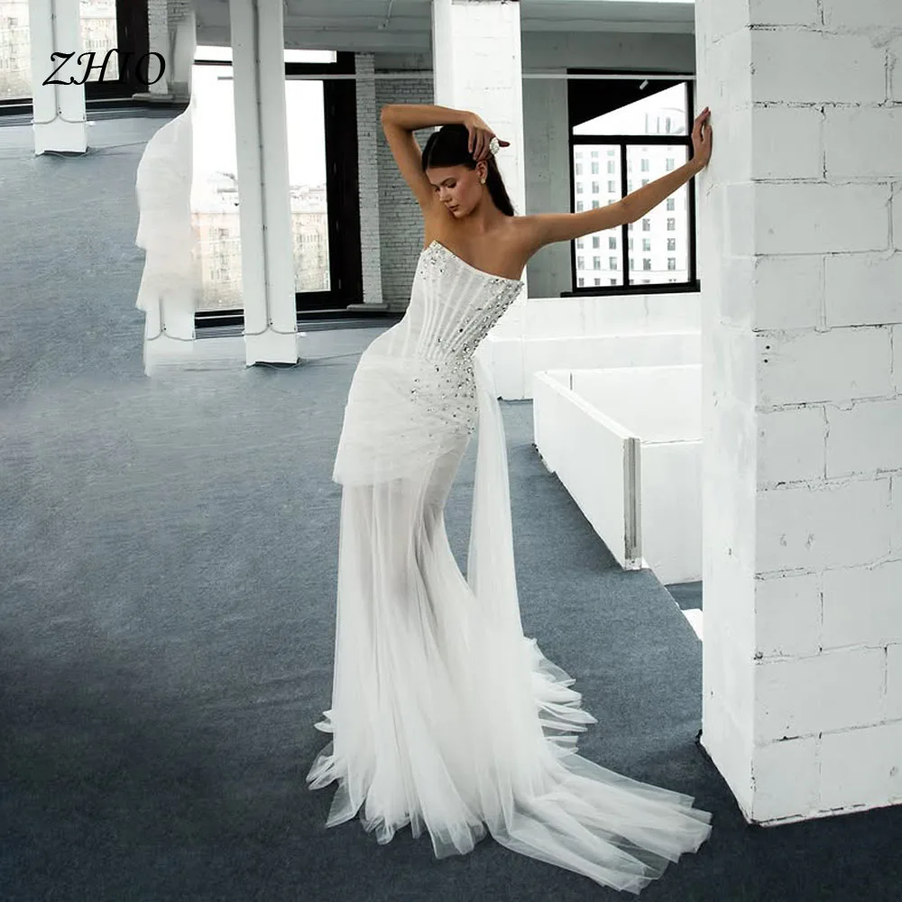 ZHIO فستان زفاف مثير مطرز بدون حمالات سويب تراين تول طول الأرض فساتين زفاف مخصصة فيستدوس دي نوفيا