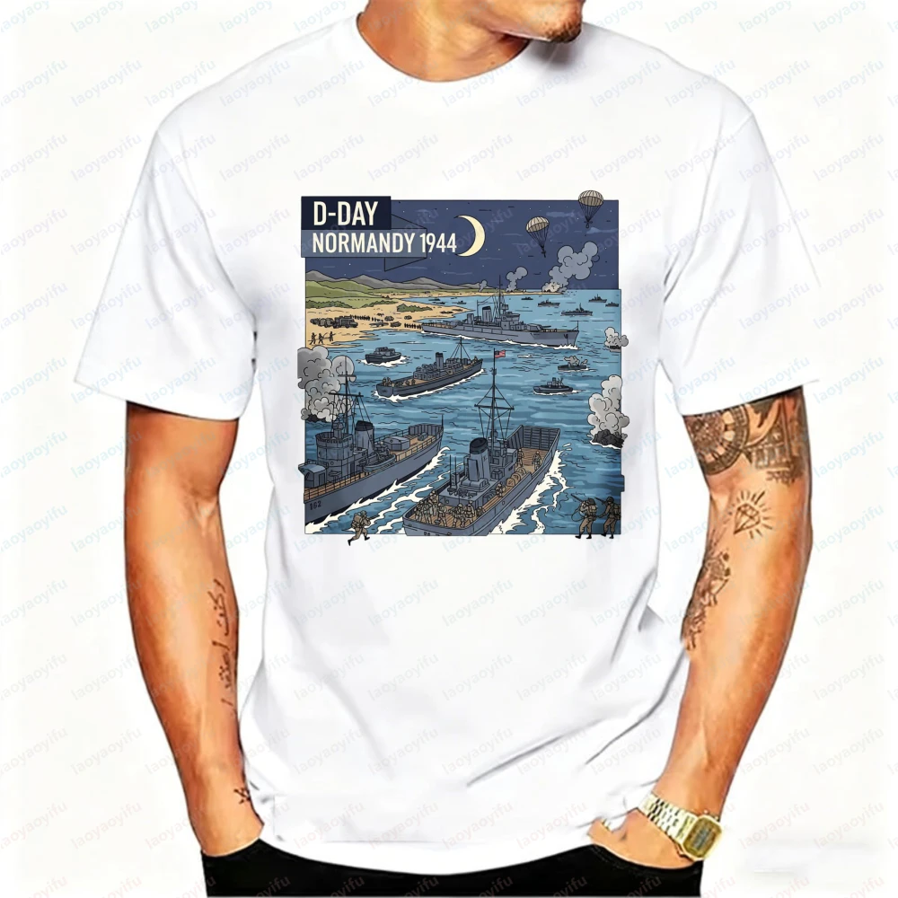 D-Day Normandy 1944 82nd Anniversary 2026 T-Shirt Men's Warship Battlefield Casual Cotton Historical Military Commemorative Tops