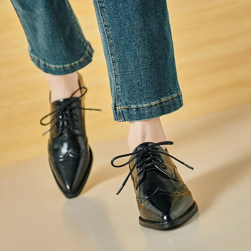 NEW Spring/Autumn Women Brogue Split Leather Shoes for Women Pointed Toe Chunky Heel Women Pumps Lace-up Shoes High Heel Shoes