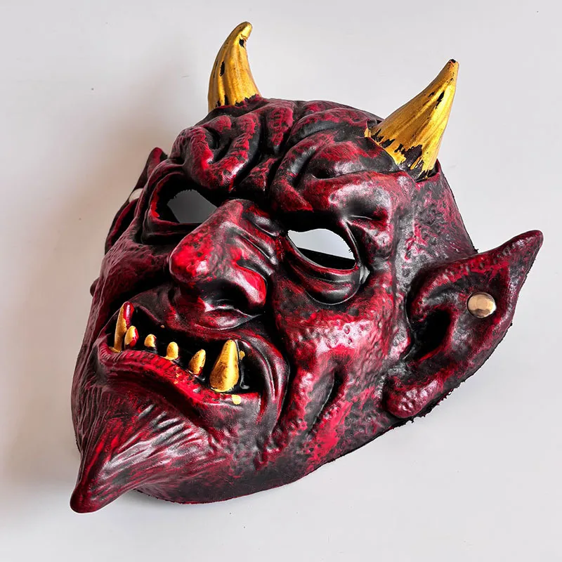 Halloween Red Devil Full Face Mask Golden Horn PU Gothic Satan Horror Mask Adult Cosplay Masquerade Carnival Party Dress Up Prop