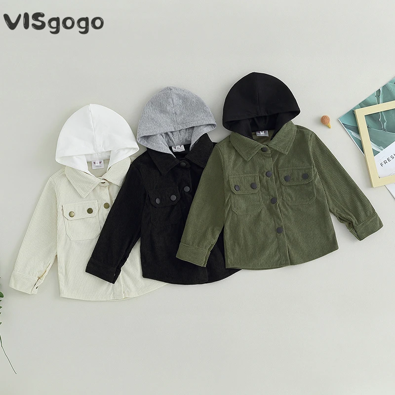 VISgogo Toddler Boy Fall Corduroy Hooded Coat Contrast Collar Long Sleeve Button Closure Shirt Tops Winter Casual Jacket Outwear