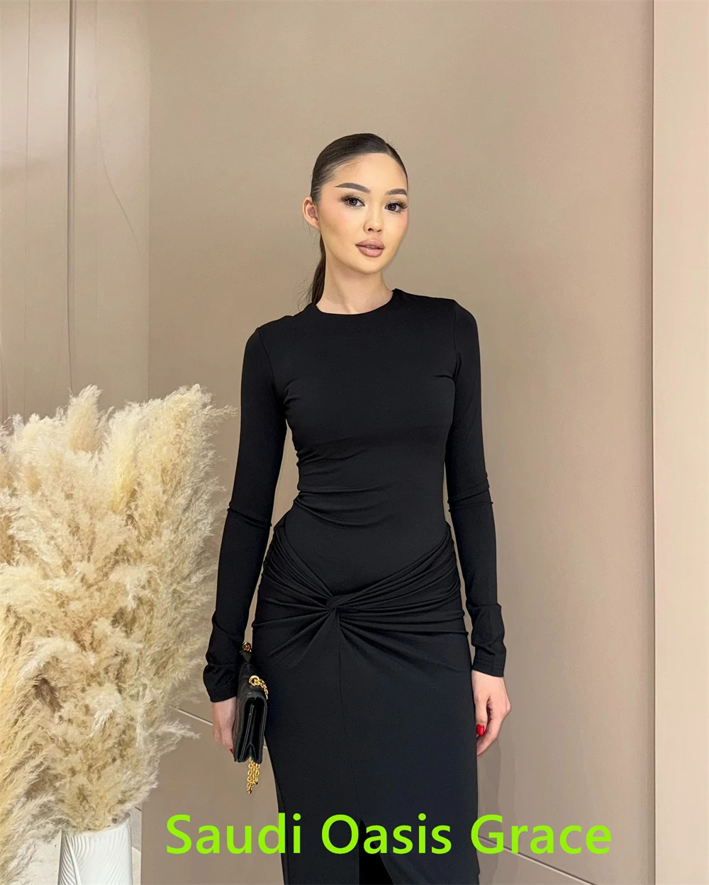 op maat gemaakte aangepaste zeemeermin klassieke zwarte jersey vestido de noche moderne ronde hals lange mouwen homecoming jurken vestido de