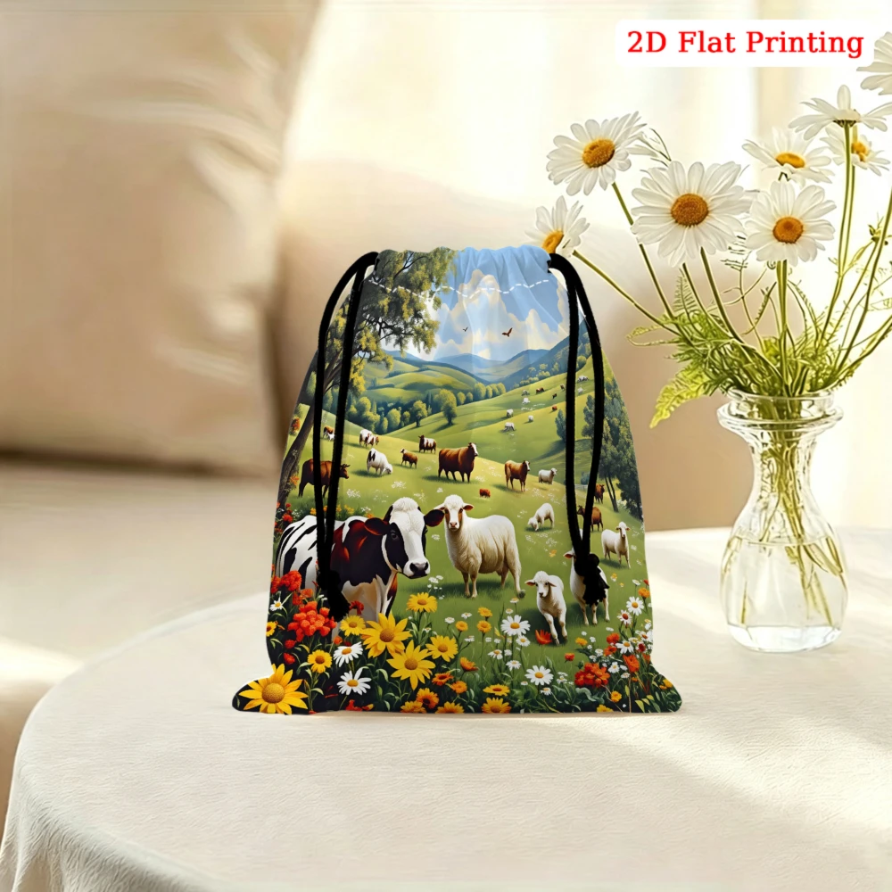 1pc Casual Drawstring Bag Green Pastoral Cow Sheep Flower Print Storage Small Pouch Travel Organizer For Women Men Lightweight