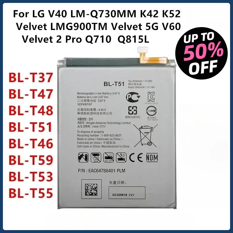 

BL-T37 BL-T47 BL-T48 BL-T51 BL-T46 BL-T59 BL-T53 BL-T55 Сменный аккумулятор для LG V40 K42 K52 Velvet 5G V60 Q710 Q815L