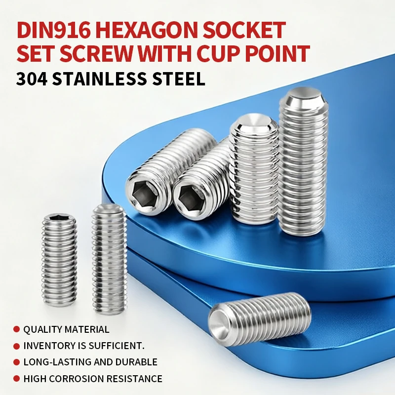 DIN916 Cup Point Hex Socket Set Screws 304 Stainless Steel Grub Screws M3 M4 M5 M6 M8 M10 M12 For Mechanical Fastening