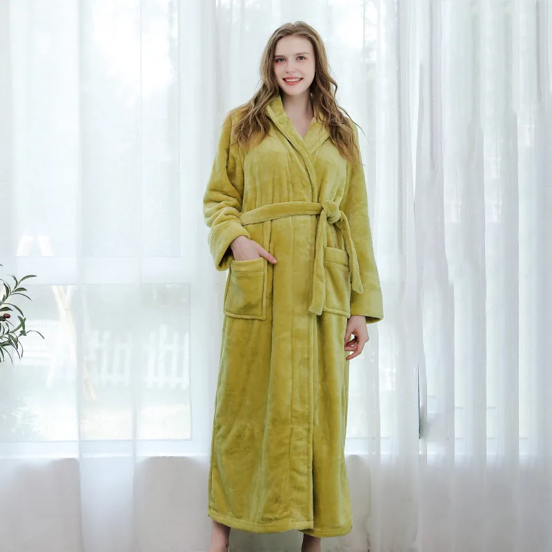 Women\'s Hooded Nightgown Thickened Long Hotel Yukata Warm Sleepwear Autumn and Winter Coral Fleece Bathrobe