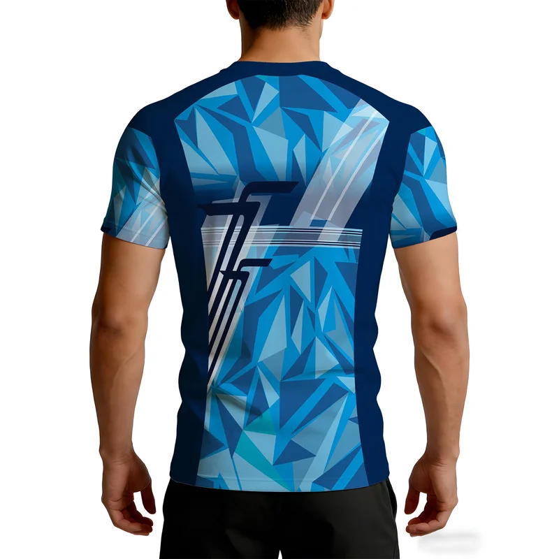 Quick Dry Breathable Men's Fitness Short Sleeve T Shirt Navy Ice Blue Geometric Diamond Crushed Ice Patchwork High Elastic Sweat