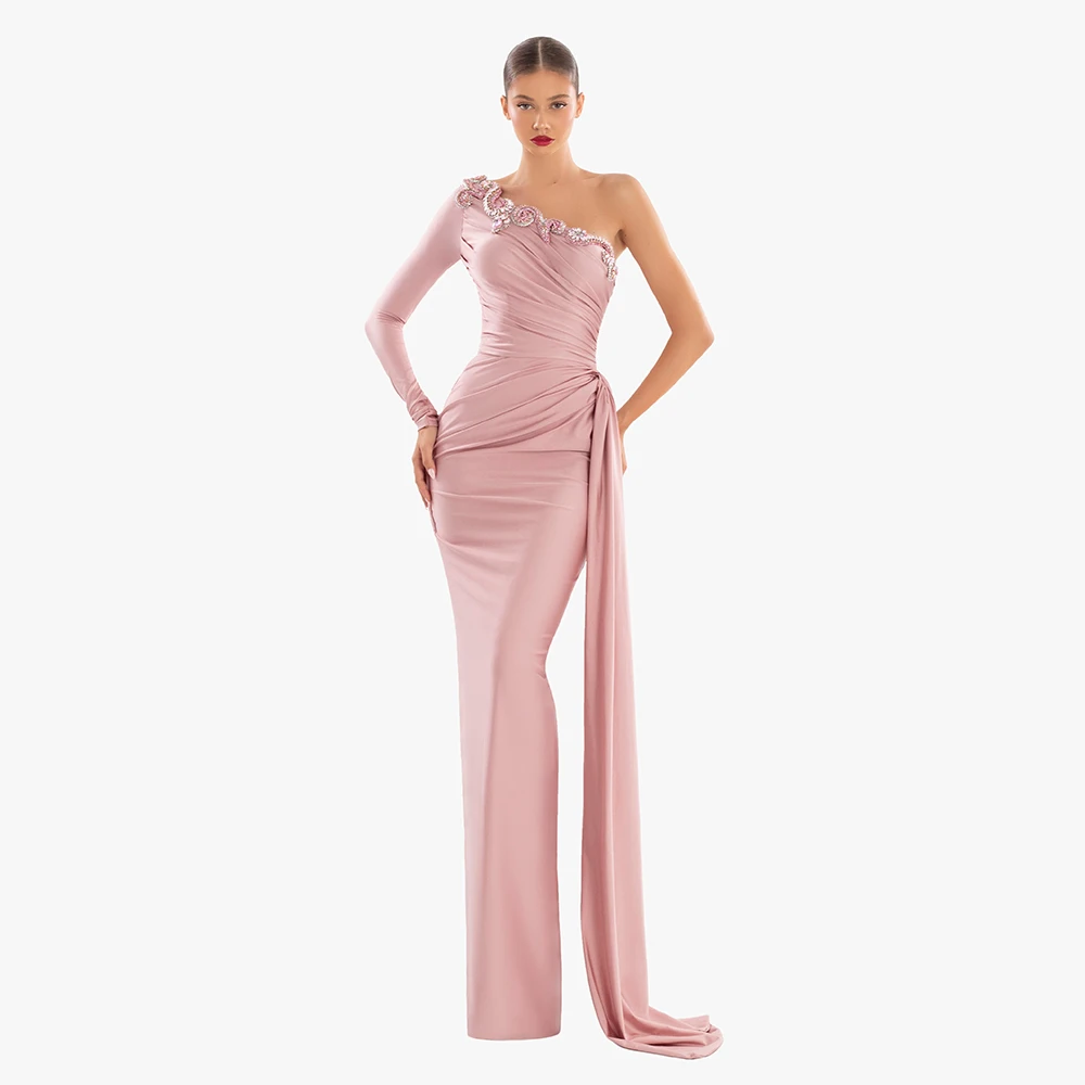 

Column Evening Dress Pink Beading Applique One Shoulder Evening Gowns for Women 2025 Long Sleeve Pleat Draped Modern Prom Dress