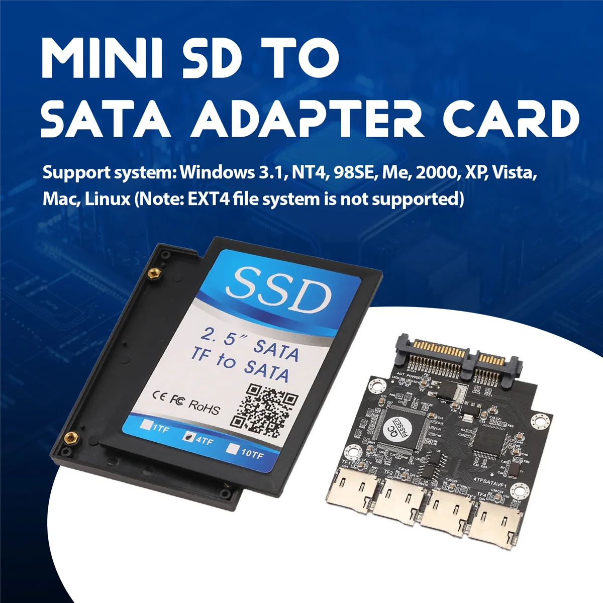 A43M 2.5 Inch 4 TF to SATA Adapter Card, Self-Made SSD Solid State Drive, For Micro-SD to SATA Group RAID Card