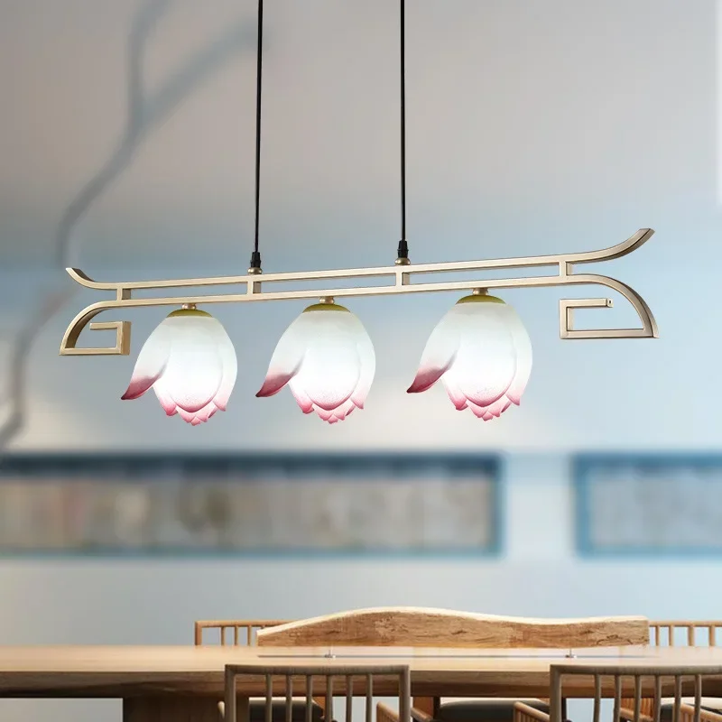 Creative LED Chandelier Three-Headed Zen Lotus Iron Light for Chinese Restaurant Living Room Teahouse Bar Dining Room Table Lamp