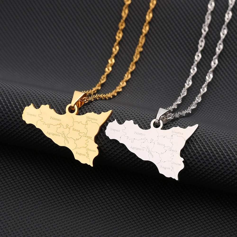 Italy Sicily Map With City Name Pendant Necklace For Women Italian Sicilia Stainless Steel Jewelry Ethnic Party Birthday Gifts