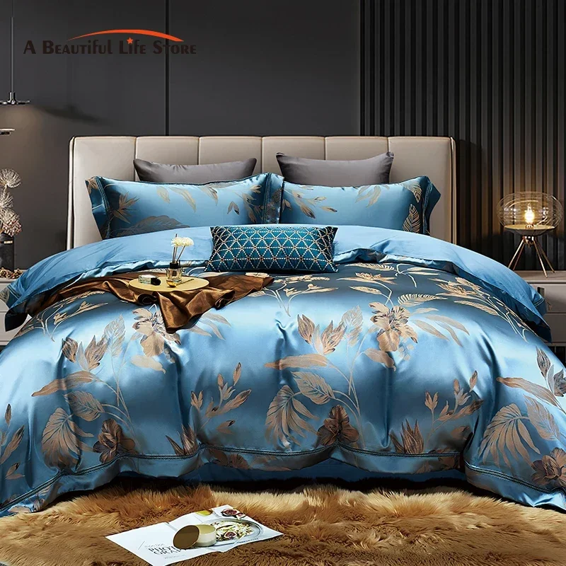 Luxury Satin Jacquard  Cotton Bedding Set Gold Leaves Egyptian Cotton Smooth Duvet Cover Set Flat/Fitted Sheet Pillowcases