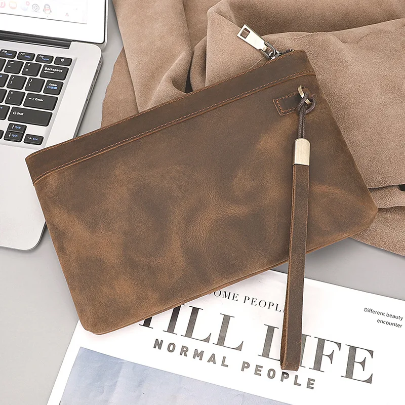 Vintage Genuine Mad  Leather Men's Casual Handbag Large Capacity Business Simple Leather Wallet Soft Square Shape Handhe...