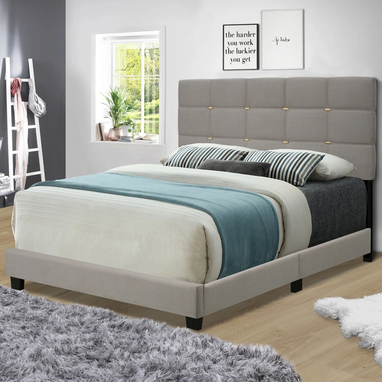 BEIGE QUEEN SIZE ADJUSTABLE LINEN FABRIC UPHOLSTERED BED FRAME VINTAGE COLLECTION COLOR FITS ANY ROOM