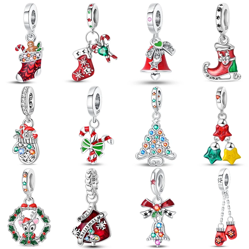 Christmas Charms Creative Santa Claus Christmas Tree Red Socks Boots 925 Sterling Silver Beads DIY Bracelets Jewelry For Women