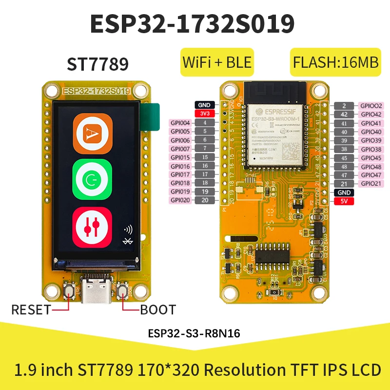 ESP32-S3 HMI 8M PSRAM 16M Flash for Arduino LVGL WIFI&Bluetooth 1.9 Inch 170*320 Smart Display Screen IPS LCD TFT Module