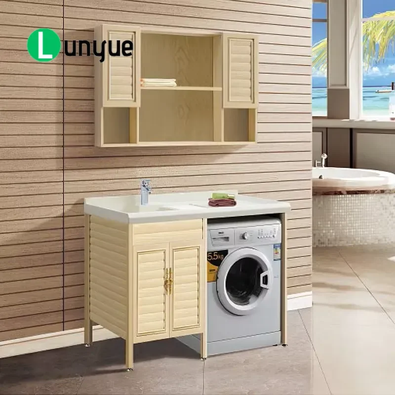 Wood Color Laundry Washing Machine Locker Storage Cabinet Organizer for Home Bathroom Utility Room Durable Space Saving
