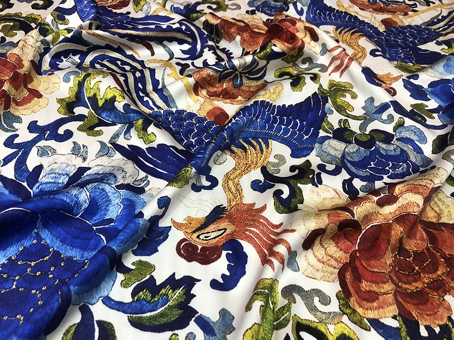 

40Momme Heavy High Quality Real Silk Clothing Cloth Gorgeous Blue Peony Phoenix Inkjet Designer Fabric Cheongsam