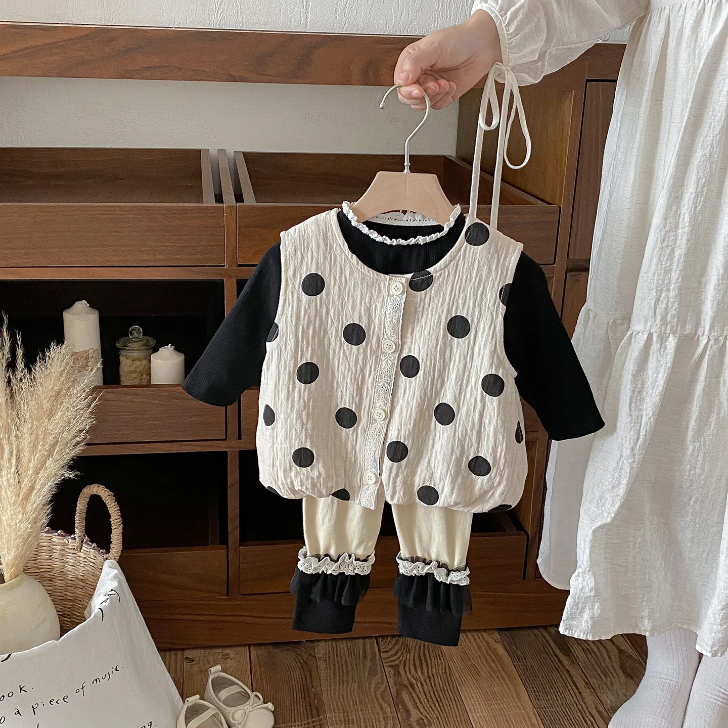 

2025 Ins Autumn Newborn Baby Girls Polka Dot Vest Plain-colored 1-3Y Baby Girls Undershirt Elastic Waistband Toddler Girls Pants