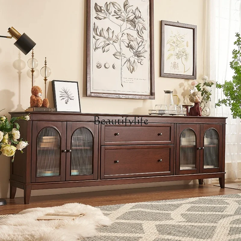 

03.American French retro all-solid wood TV living room new glass locker floor cabinet home