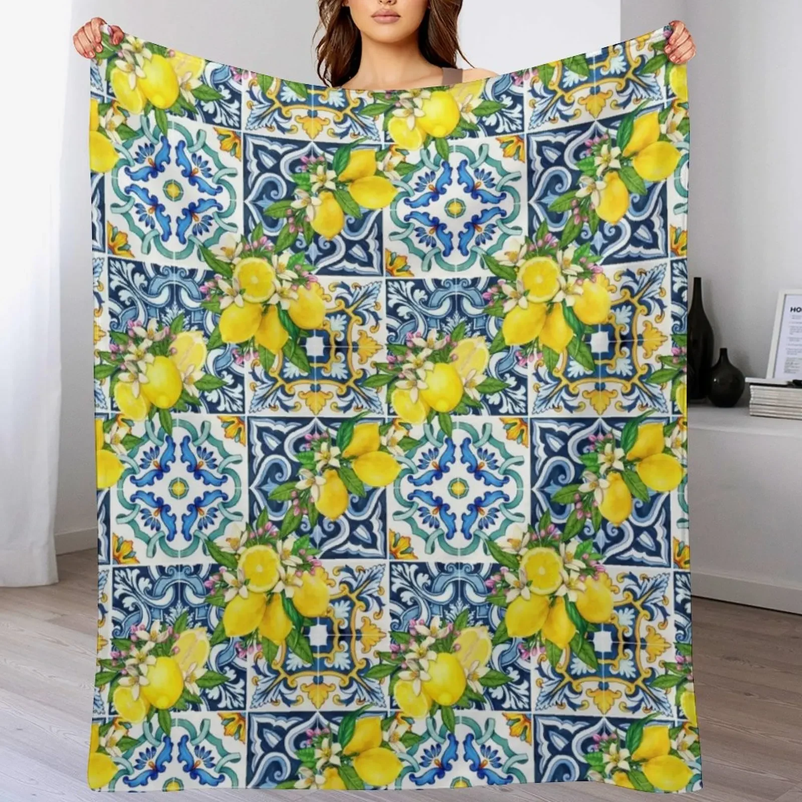 

Bright Mediterranean Sicilian Tiles with Citrus Lemons Throw Blanket Luxurious Soft Blanket Holiday Gift for Family