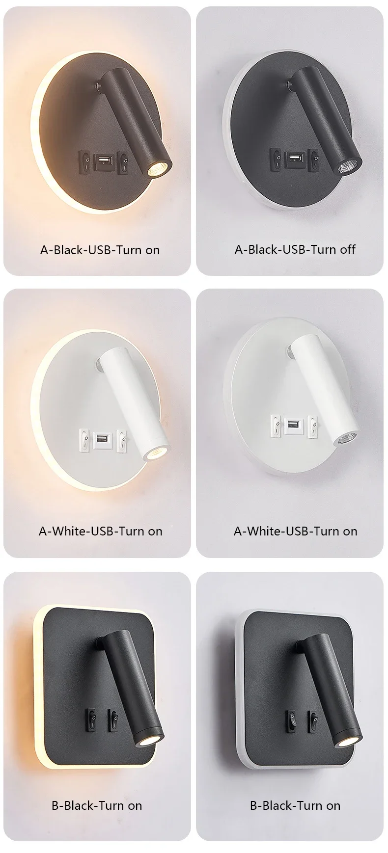 Modern Minimalist Led Wall Lamp USB Charging Indoor Bedroom Lamp Hotel Bedside Reading Lamp Wall Lights Sconce Switch AC 90~240V
