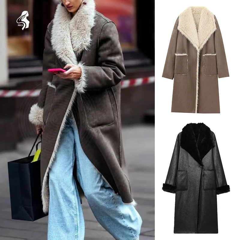 

Womens Fashion Coat Jacket Reversible Faux Fur Collar Mid Length Coat Casual Versatile Winter Warm Clothing For Women