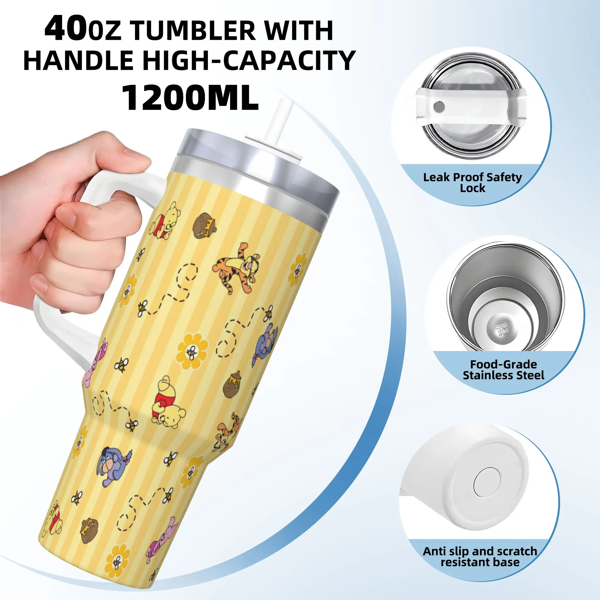 Stainless Steel Tumbler Winnie Pooh Cute Thermal Mug  Insulated Cold Drink Car Mugs Travel Graphic Water Bottle