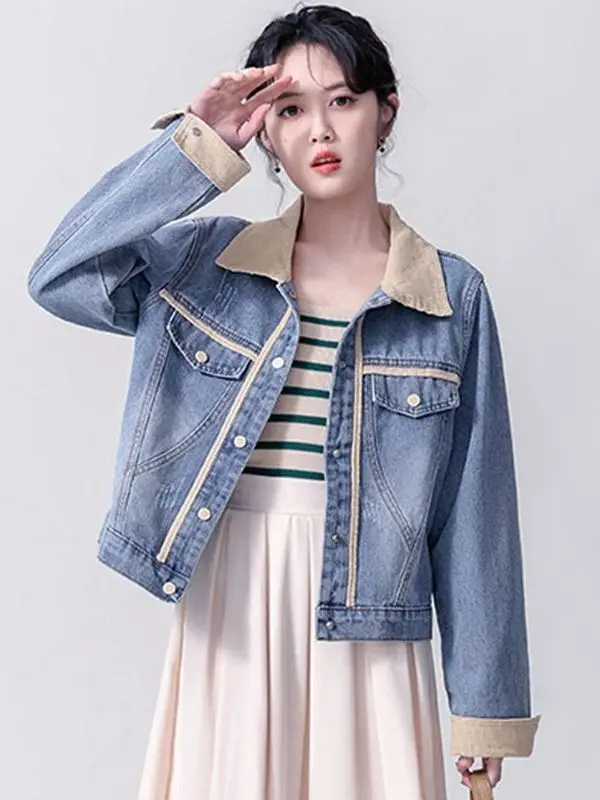 Cappotto ort versatile casual da donna in denim patchwork retrò Jaet Primavera Autunno ular Jaet coordinato da donna di piccole dimensioni