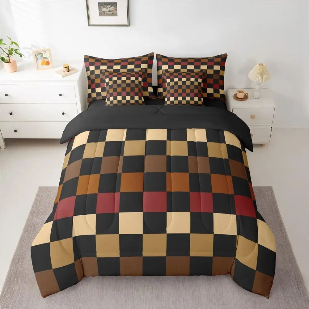 

7-Piece King Size Brown Red Black Plaid Comforter Set with Sheets, Perfect for Kids and Teens, Vintage Geometric Bedding for Sty