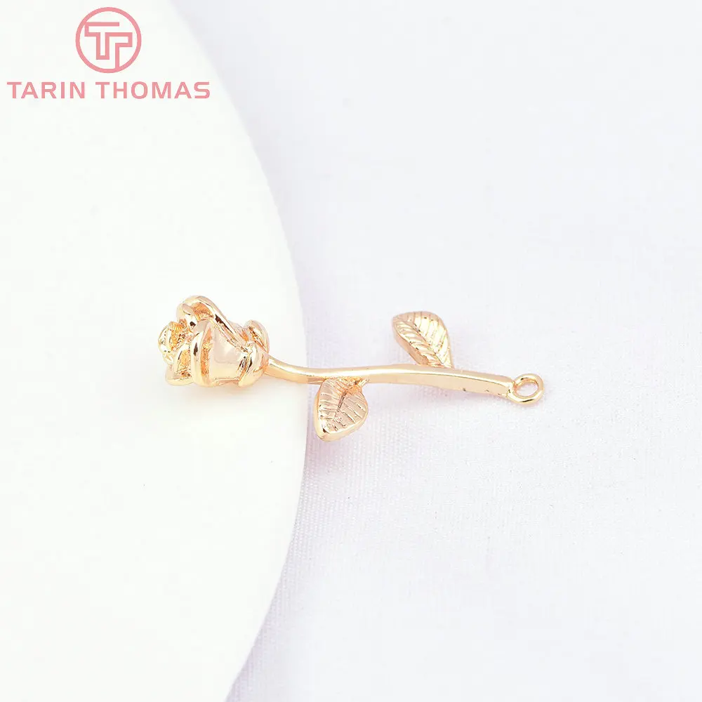 (1370)4PCS 10x25MM 24K Gold Color Brass Rose Flower Branch Pendants Charms High Quality DIY Jewelry Findings Accessoriess