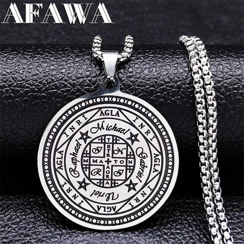 Magic Talisman Stainless Steel Necklace wheel of fortune (Agla-INRI) Protection of angel Silver Color Necklace Jewelry N2832S02