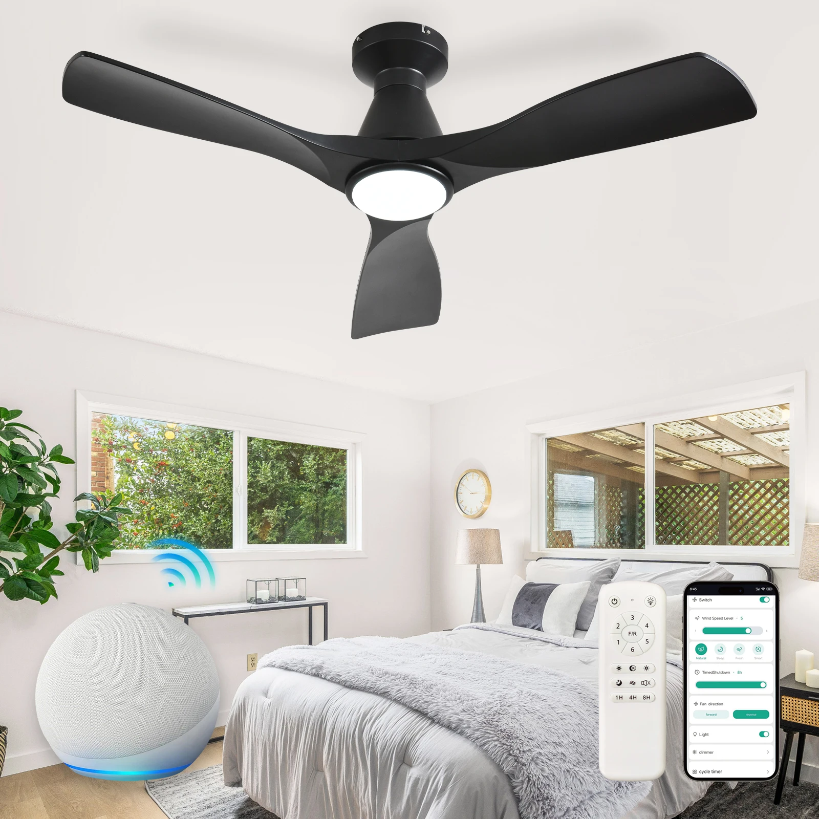 42/52-Inch Ceiling Fan with Lights: Smart Flush Mount Ceiling Fan for Bedroom Dimmable Indoor Outdoor Fan Voice/App Control