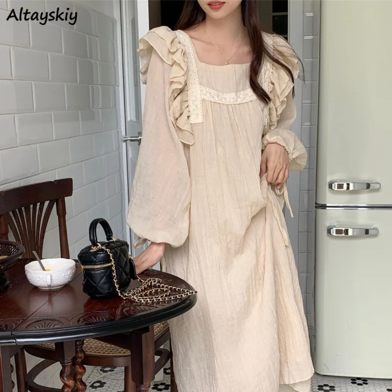 Nightgowns Women Princess Minimalist Square Collar Popular Hot Sale Elegant Autumn Comfortable Ladies French Style New Ins Chic